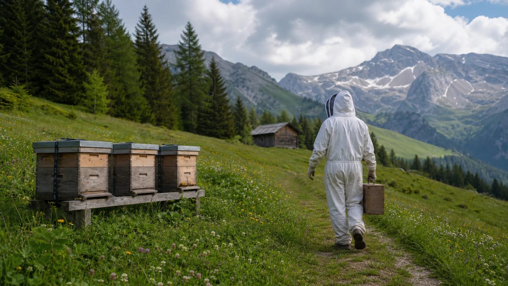 Imker geht auf einem Almweg zu drei Holzbeuten in einer artenreichen Bergwiese; dahinter steigen bewaldete Hänge und schneefleckige Kalkalpen auf.