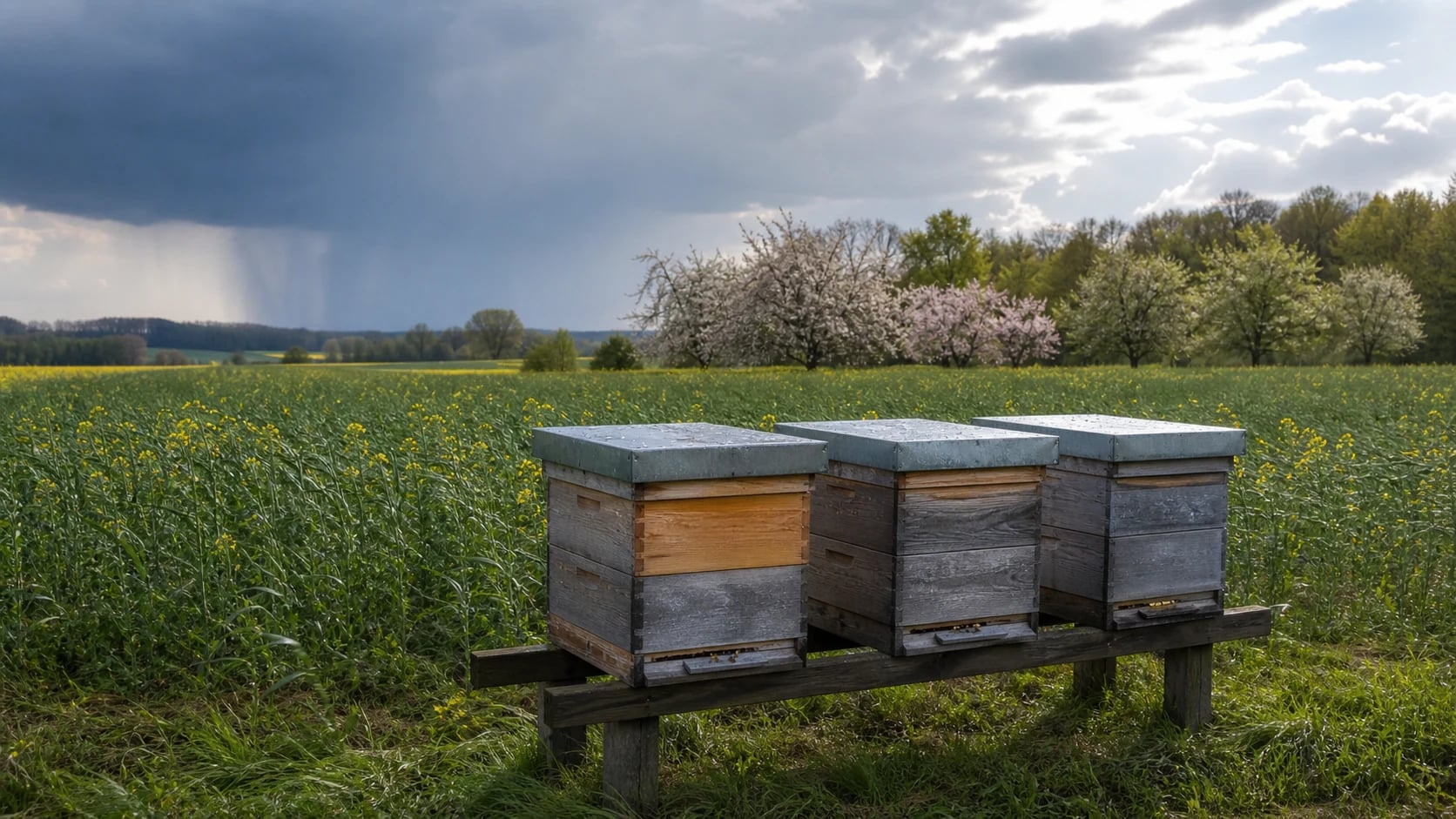Blooming garden with beehives under a sunny sky