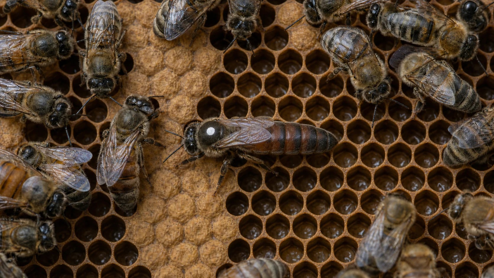 Close-up of honeybees on a frame with a marked queen bee