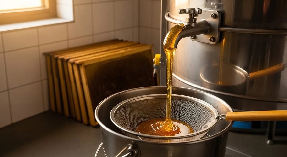 Goldener Honig wird aus einer Honigwabe geerntet