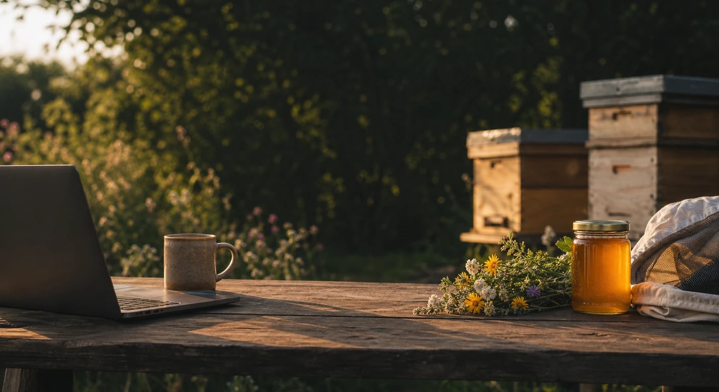 Welcoming garden table with honey jar and wildflowers