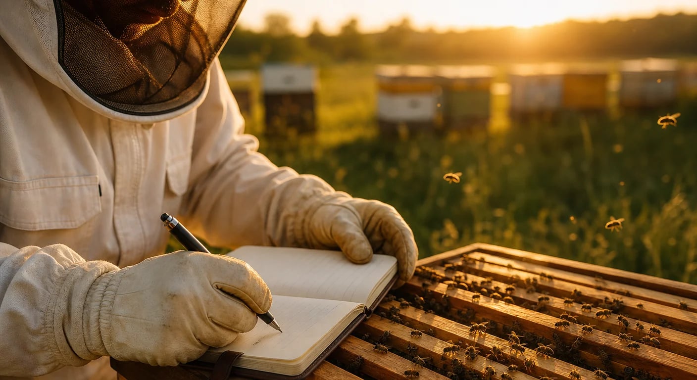Beekeeper records observations in a notebook beside an open hive