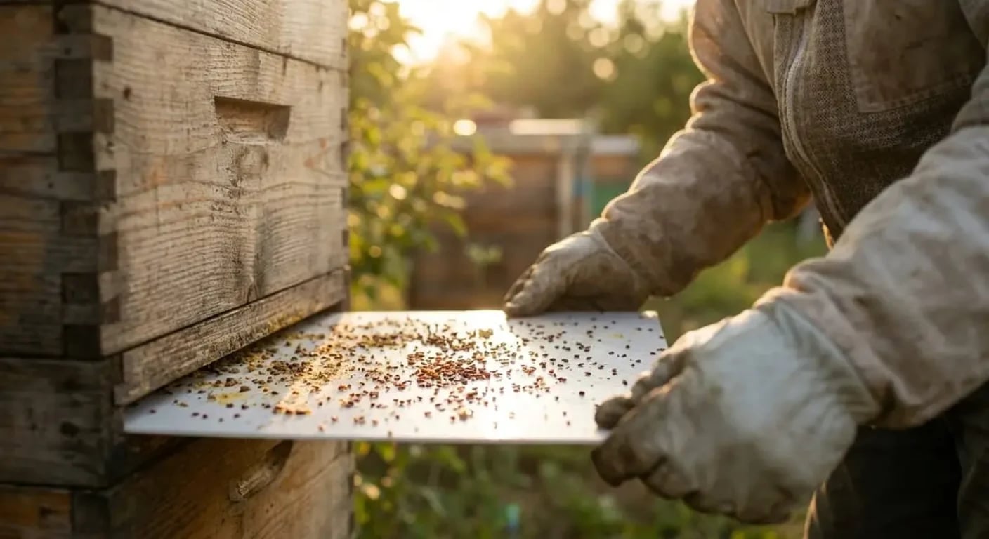 Beekeeper withdraws the bottom-board insert beneath a closed hive for Varroa monitoring