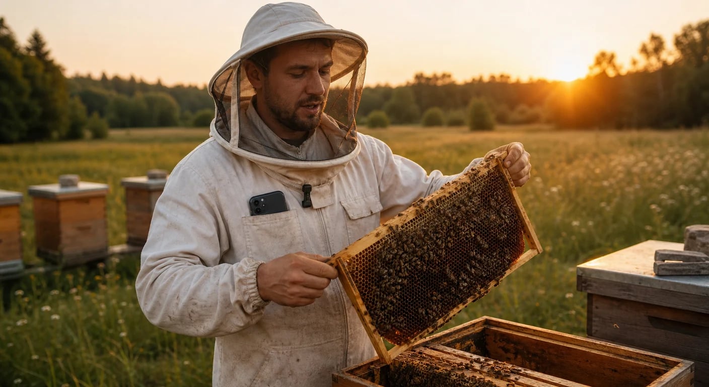 Imker spricht eine Notiz ein, während er einen Wabenrahmen mit beiden Händen hält