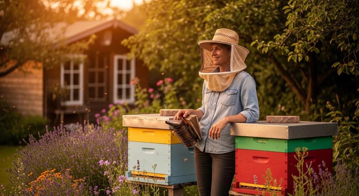 Hobby beekeeper in a garden with colorful beehives
