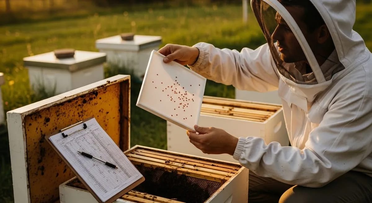 Imker dokumentiert den Varroa-Befall an einer geöffneten Beute mit einem Klemmbrett am Bienenstand
