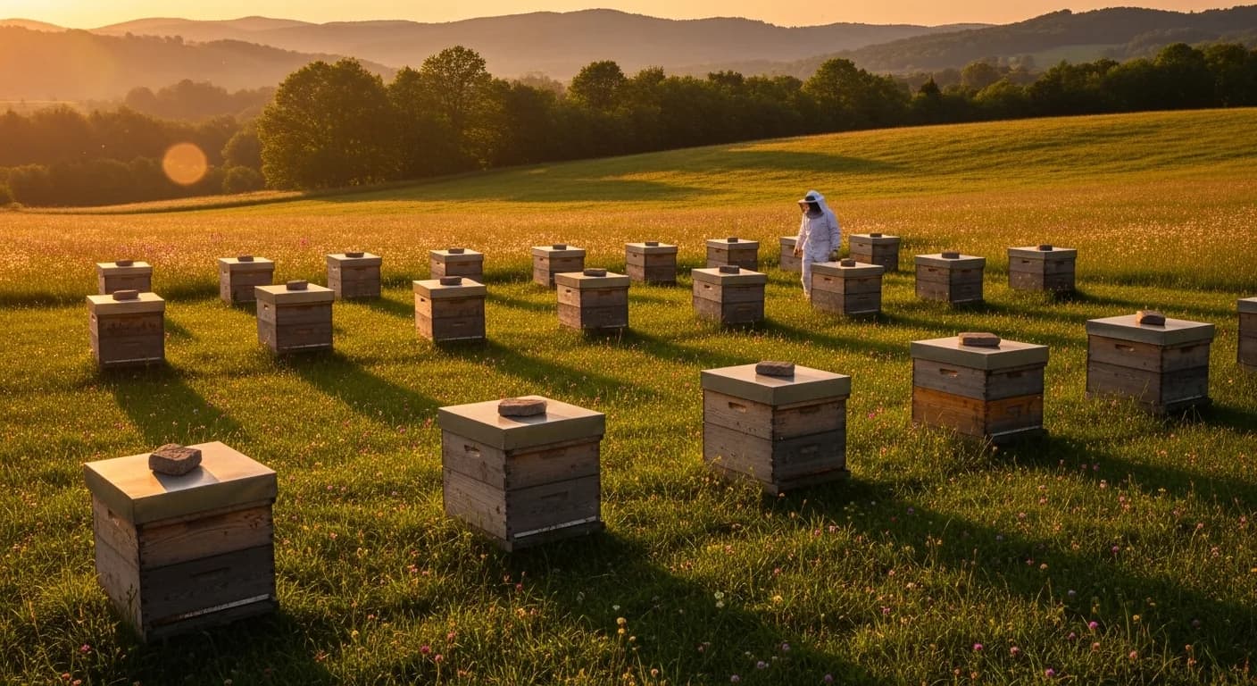 Bienenstand in idyllischer Landschaft