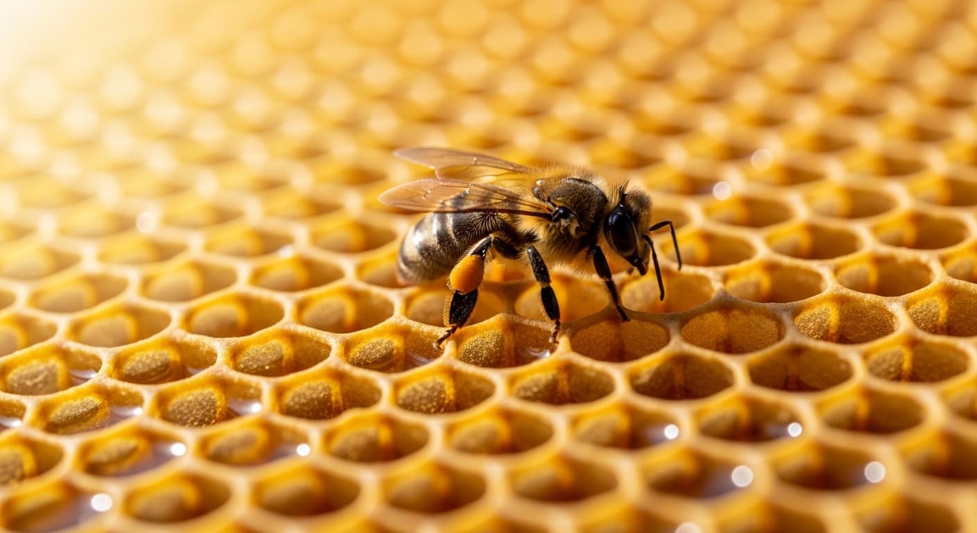 Biene auf Wabe, Nahaufnahme