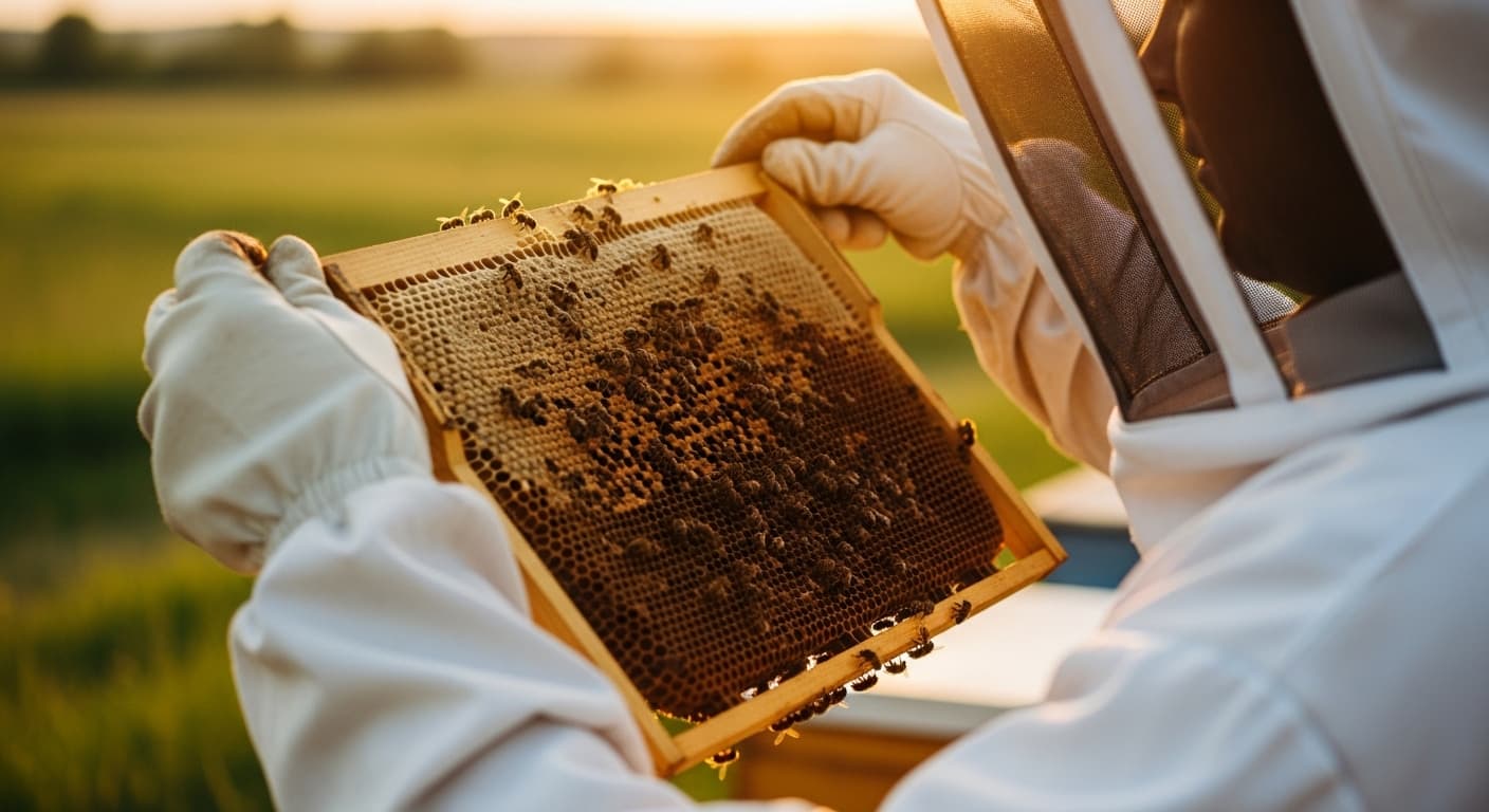 Imker inspiziert Wabe