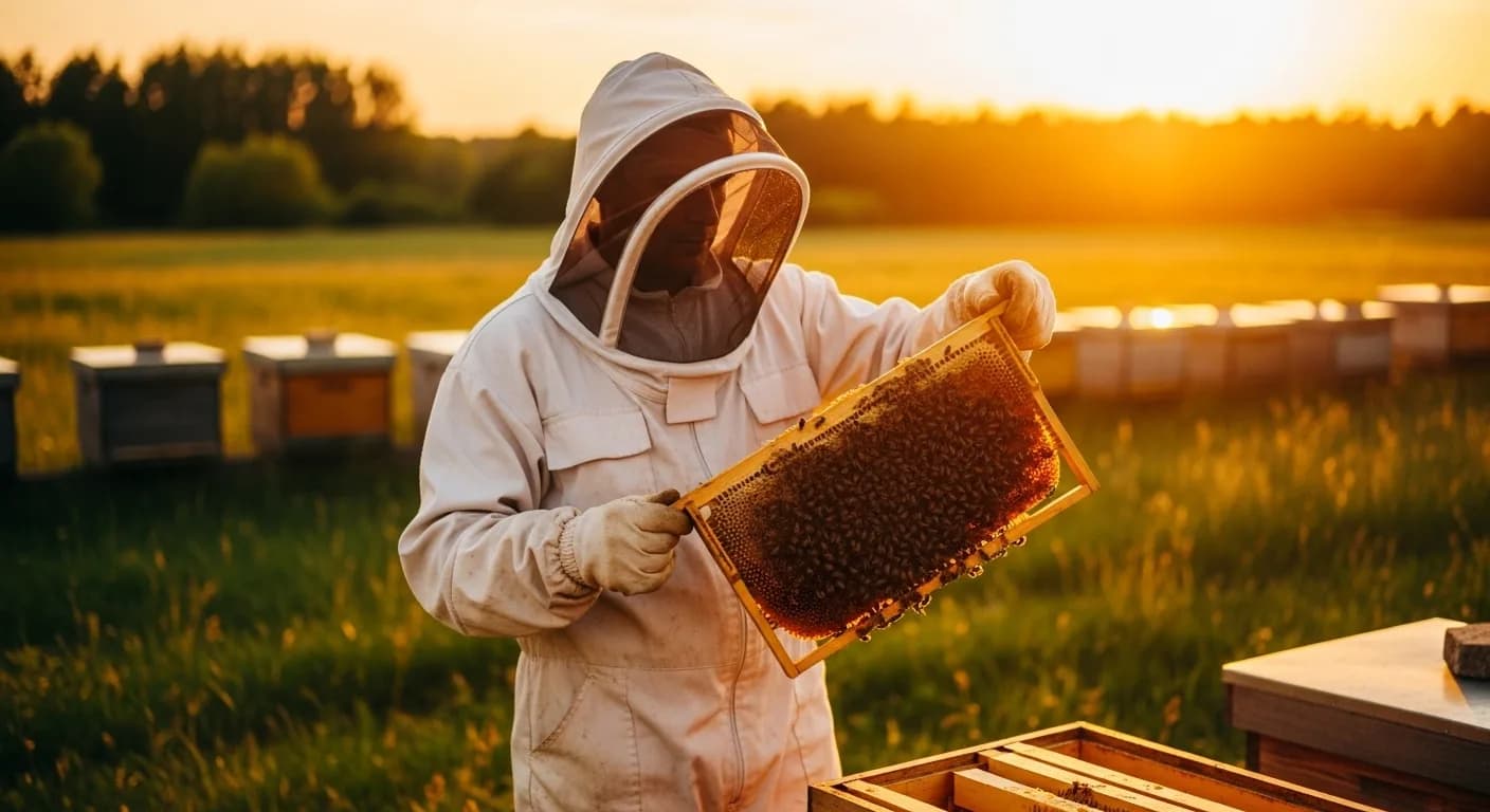 Imker bei der Arbeit im goldenen Abendlicht