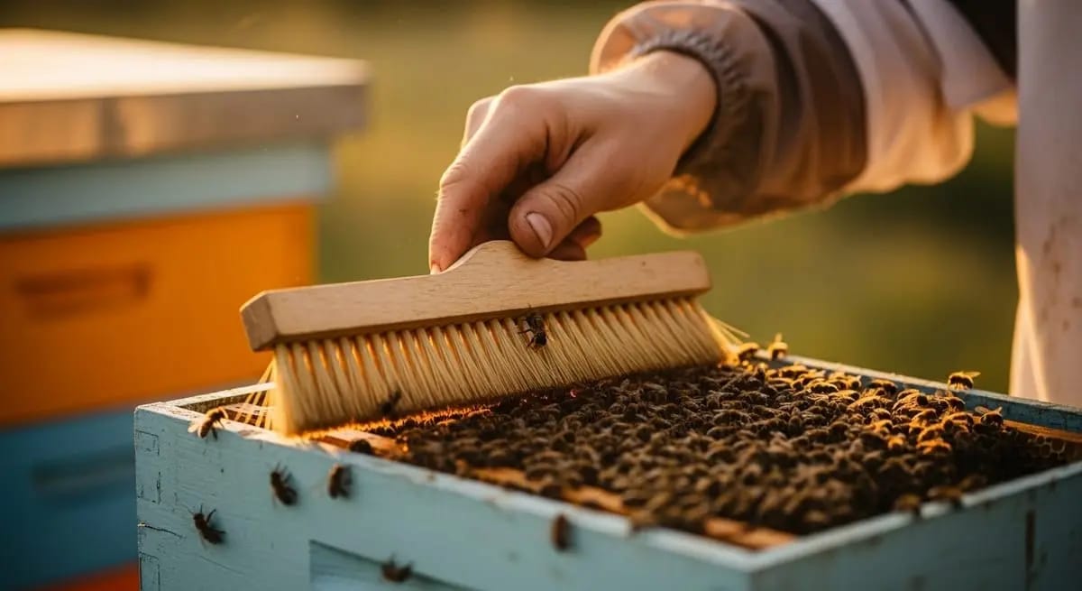 Sanftes Abfegen von Bienen mit einem Bienenbesen