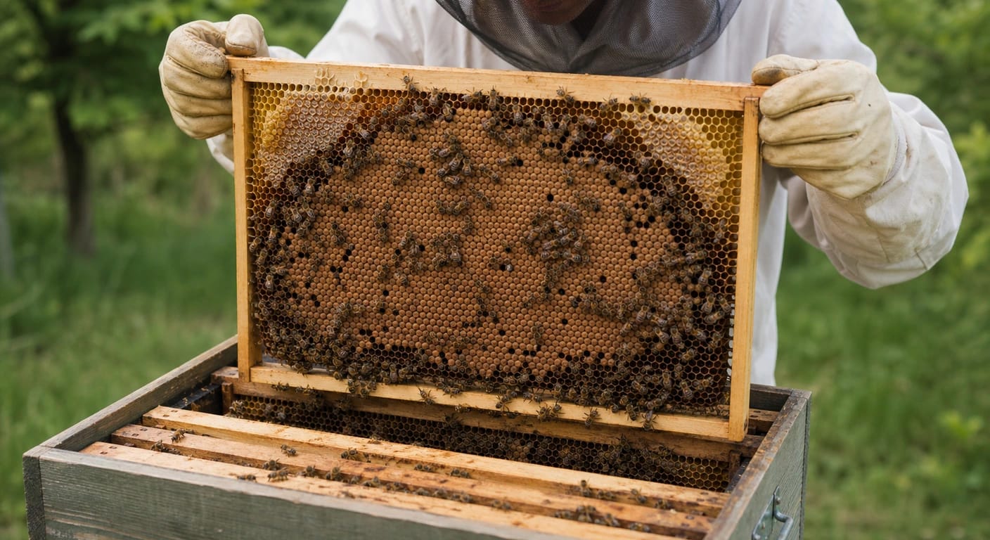 Imker hält Rähmchen mit dichter, gleichmäßig verdeckelter Brutfläche und vielen Bienen über offenem Bienenkasten