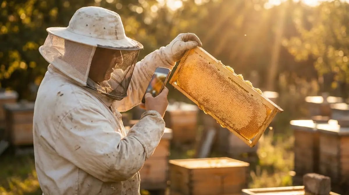 Beekeeper photographing a honeycomb with a smartphone for social media