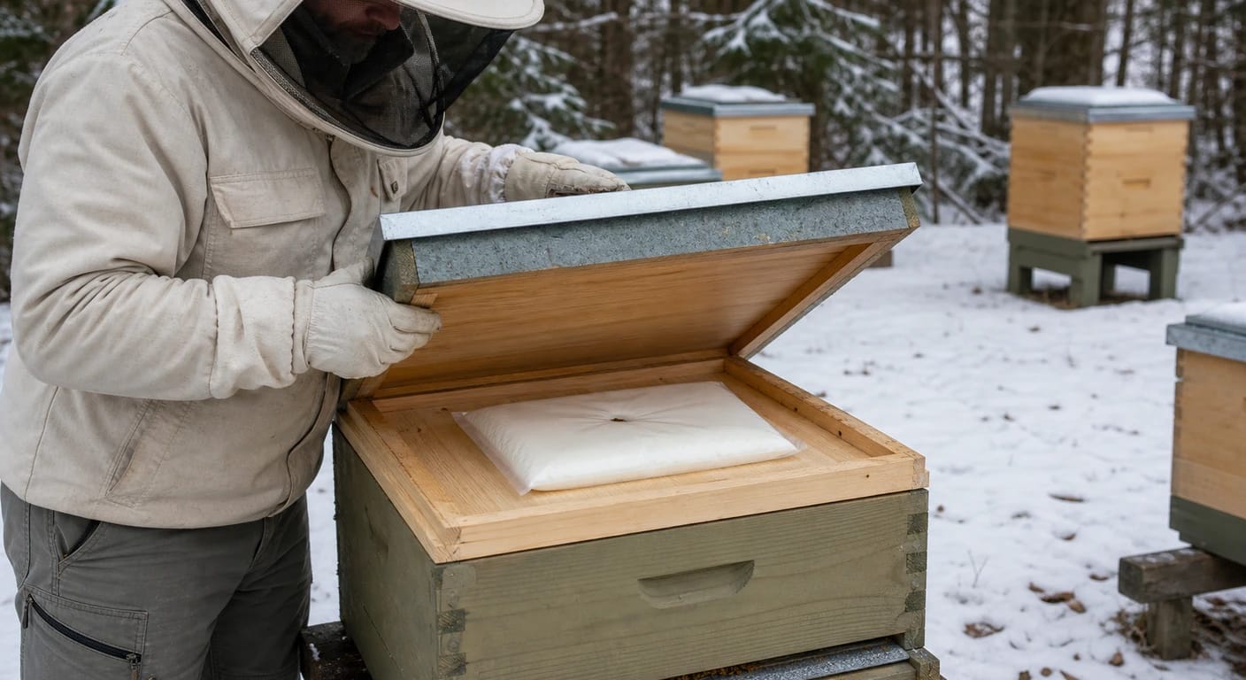 Beekeeper in protective gear opens a hive in the snow, revealing a white feed package on the frames
