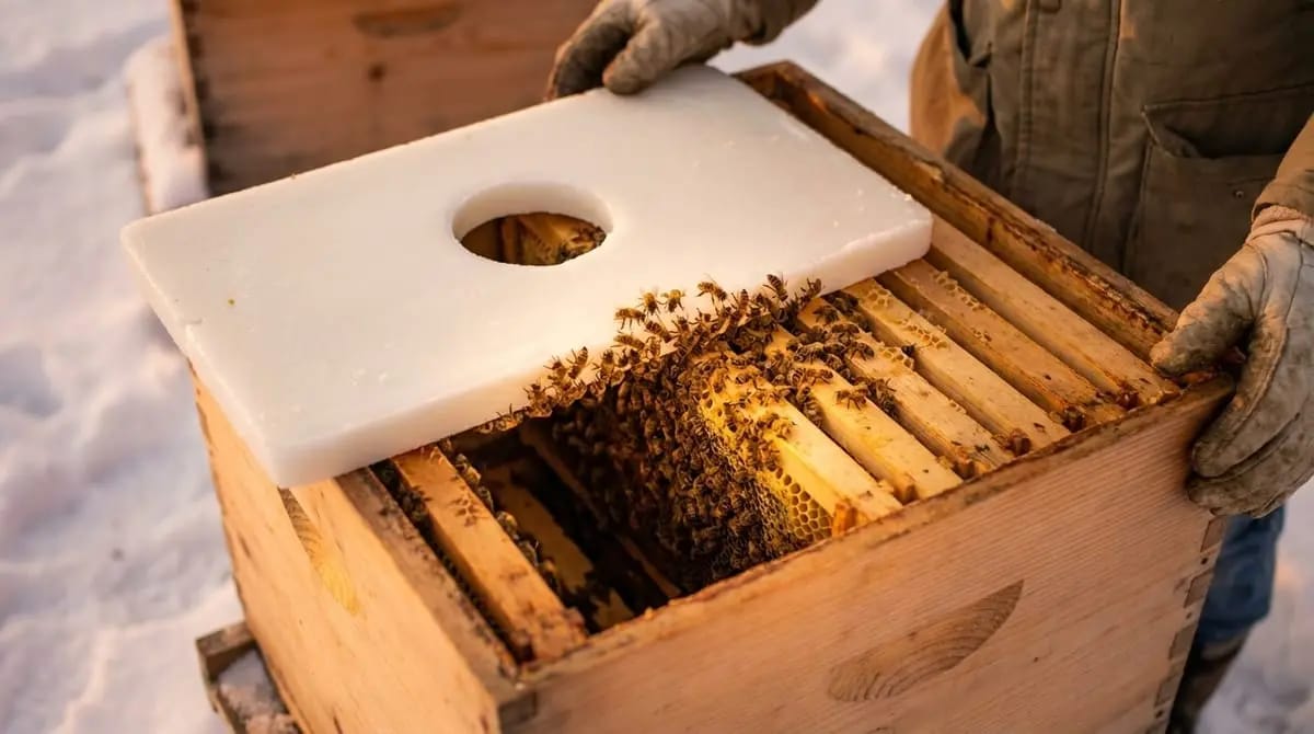 A beekeeper with gloves holds a white plastic feeding board with a round hole over an open wooden hive with a visible bee cluster, snow in the background.