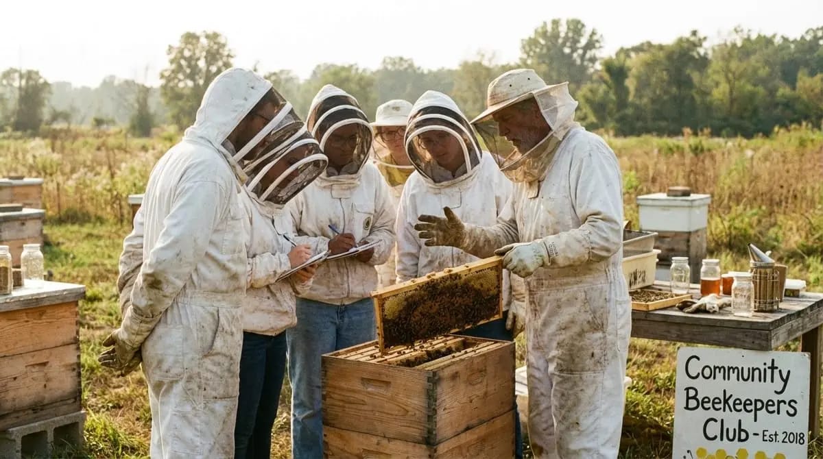 A group of five beekeepers in white protective suits inspects an open hive together at an apiary in a meadow beside a Community Beekeepers Club sign.
