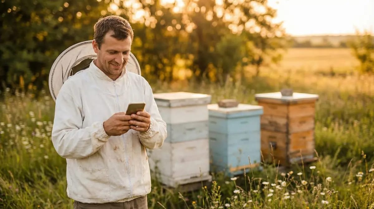 A smiling beekeeper in a white suit looks at a smartphone, standing in front of two beehives in a blooming summer meadow in evening light.