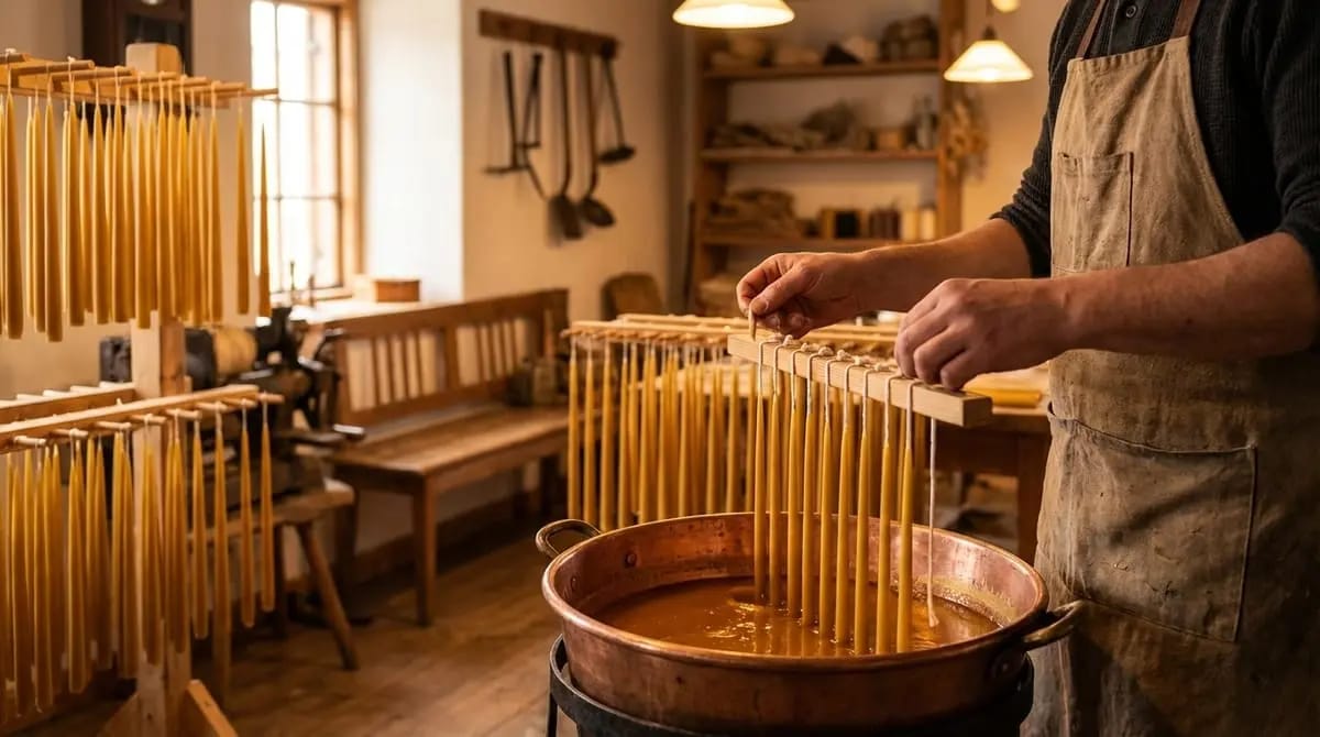 A man in an apron holds a rack of freshly dipped beeswax candles over a copper vat; many finished candles hang drying on the left.