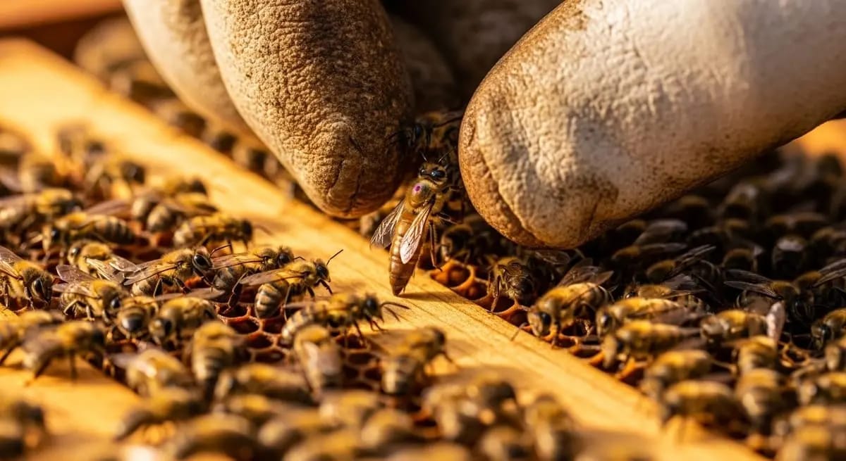 Gloved beekeeper hands hold a frame covered with many bees, in the centre of which a marked queen with a red dot is clearly visible.