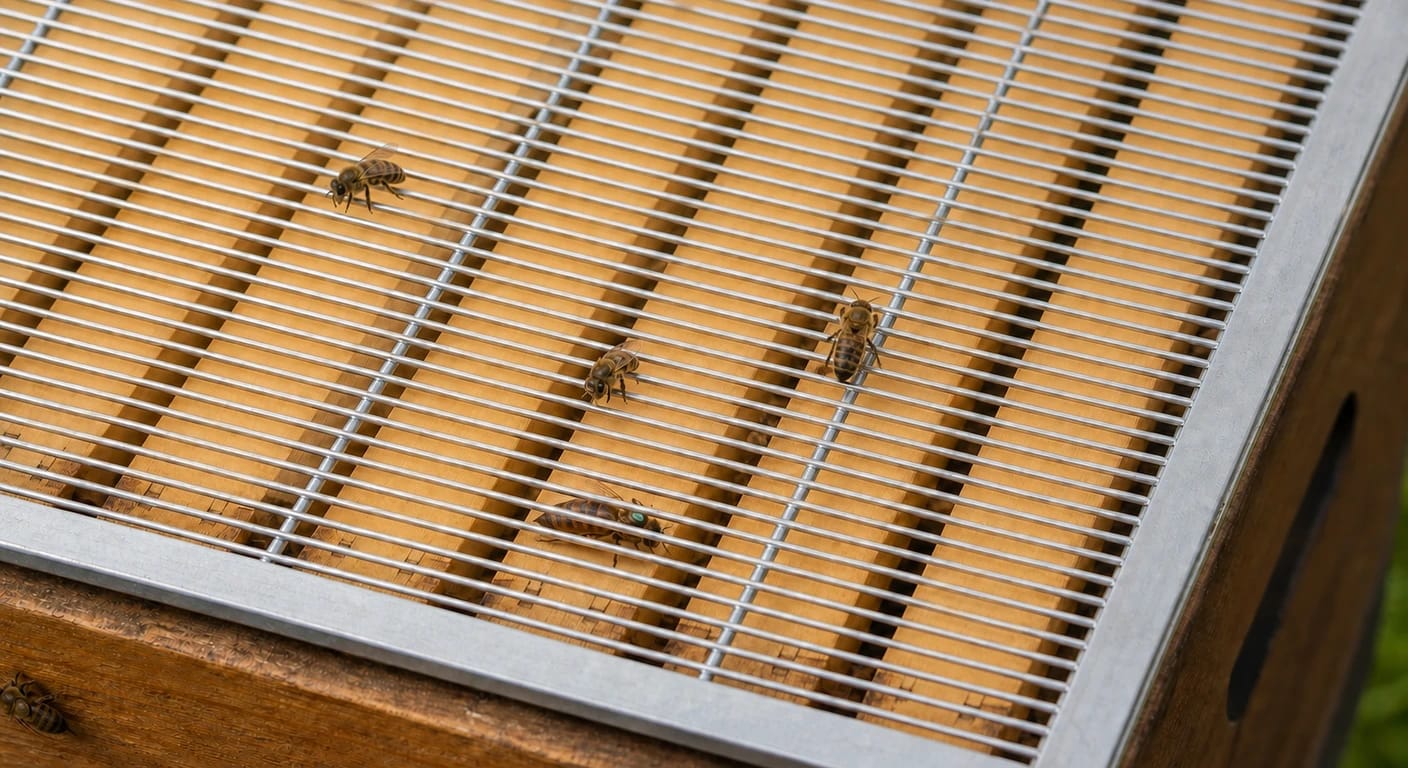 Metallisches Absperrgitter über offenen Holzrähmchen; mehrere Bienen laufen über die Drähte