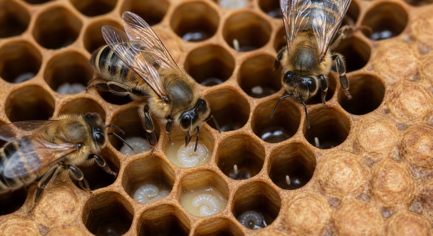 Close-up of several bees at open comb cells containing white C-shaped larvae and jelly.