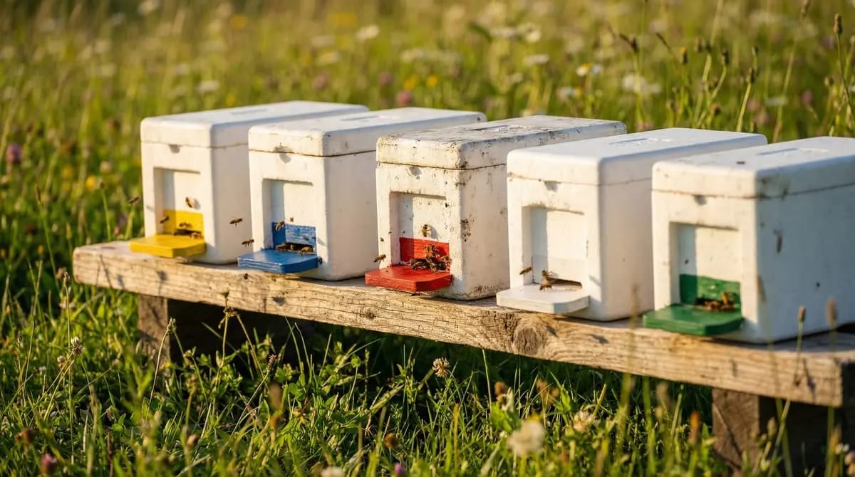 Mehrere Mini-Plus Begattungskaestchen aus Styropor mit verschiedenfarbigen Anflugbrettern