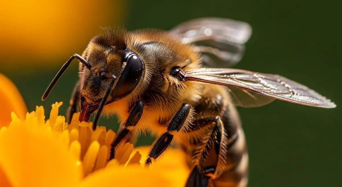 Close-up of a honey bee showing compound eyes and antennae