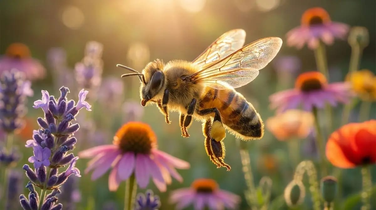 Forager bee with full pollen baskets coming in for landing
