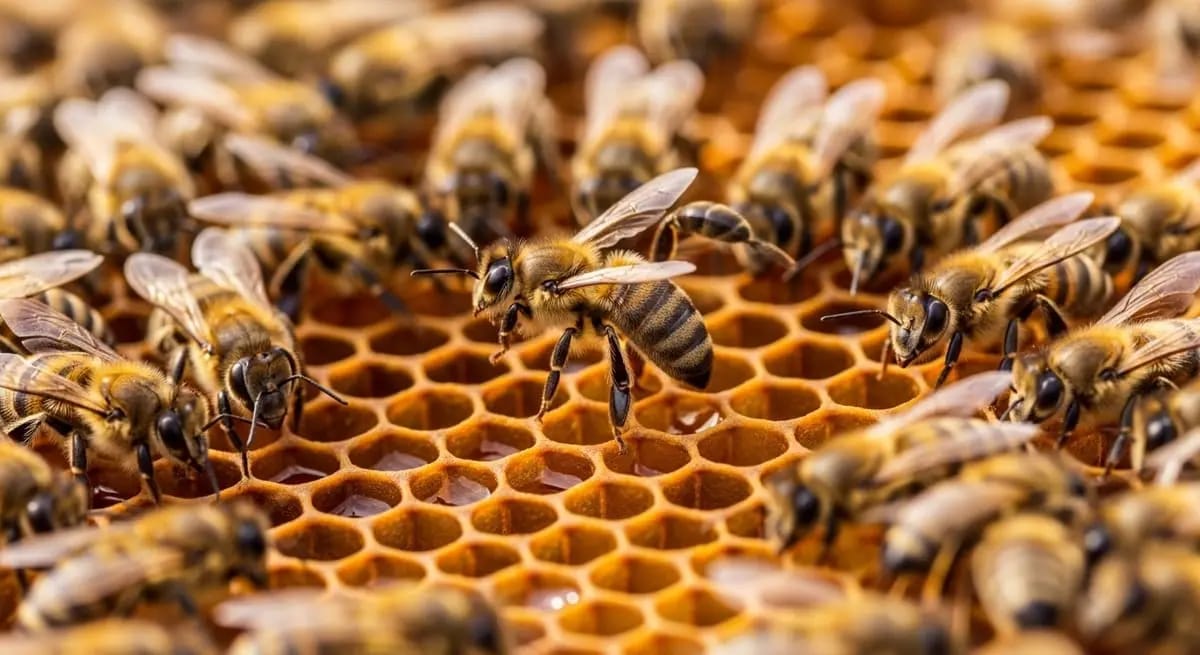 Bees on a honeycomb in detail