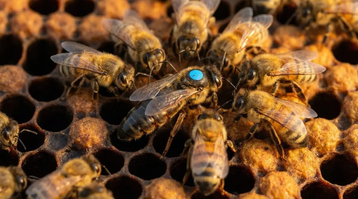 Bee queen with colored marking dot on a brood comb among workers
