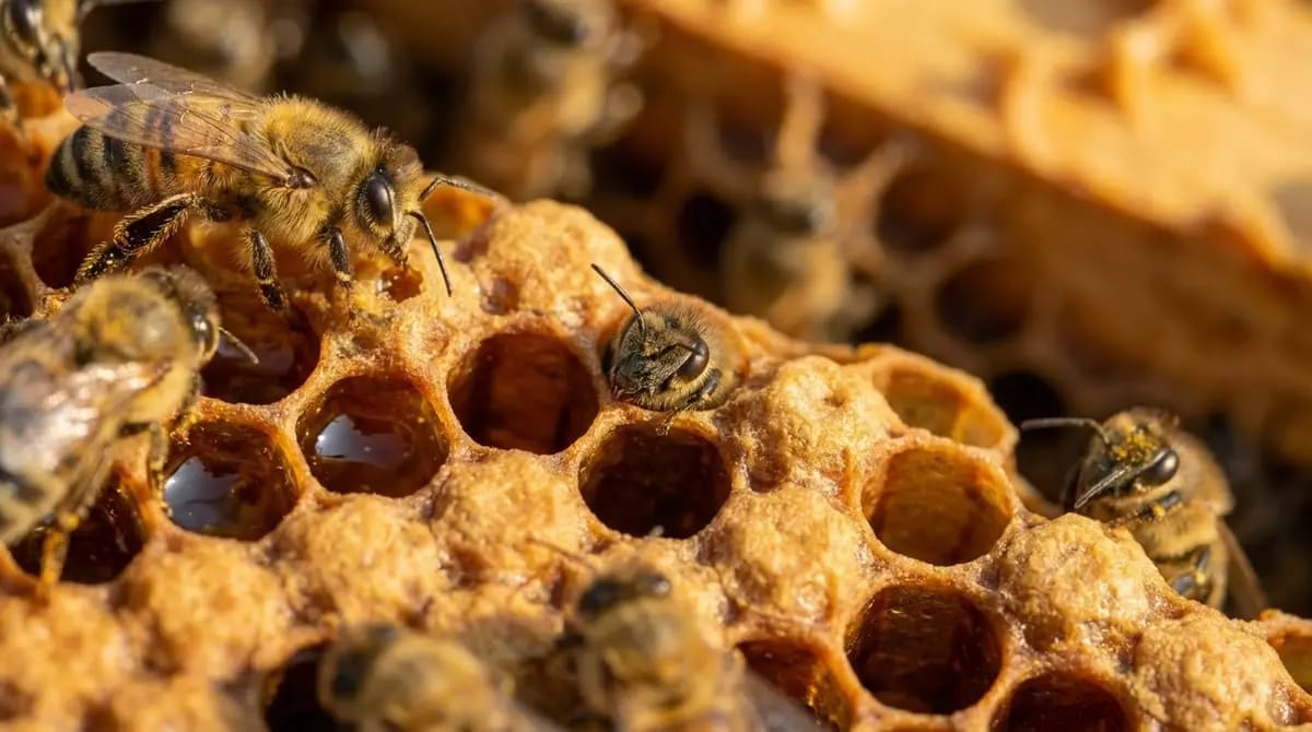 Honey bees working together on a comb