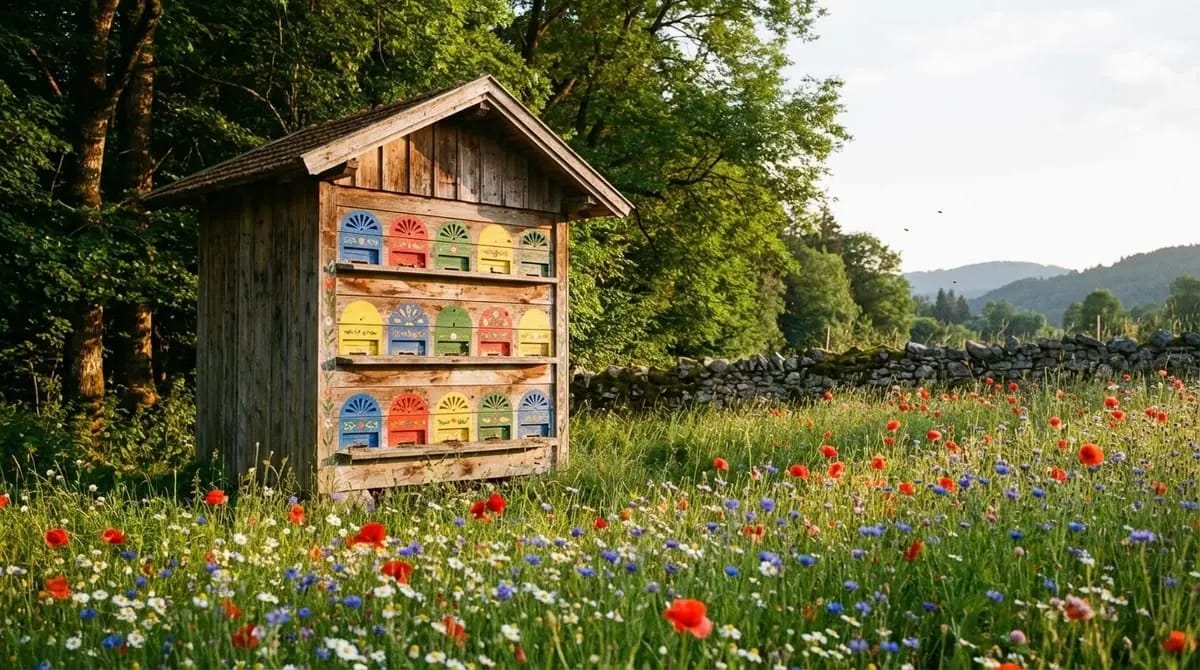 Hölzernes Bienenhaus mit Reihen bunt bemalter Fluglöcher in einer blühenden Sommerwiese vor Hügeln