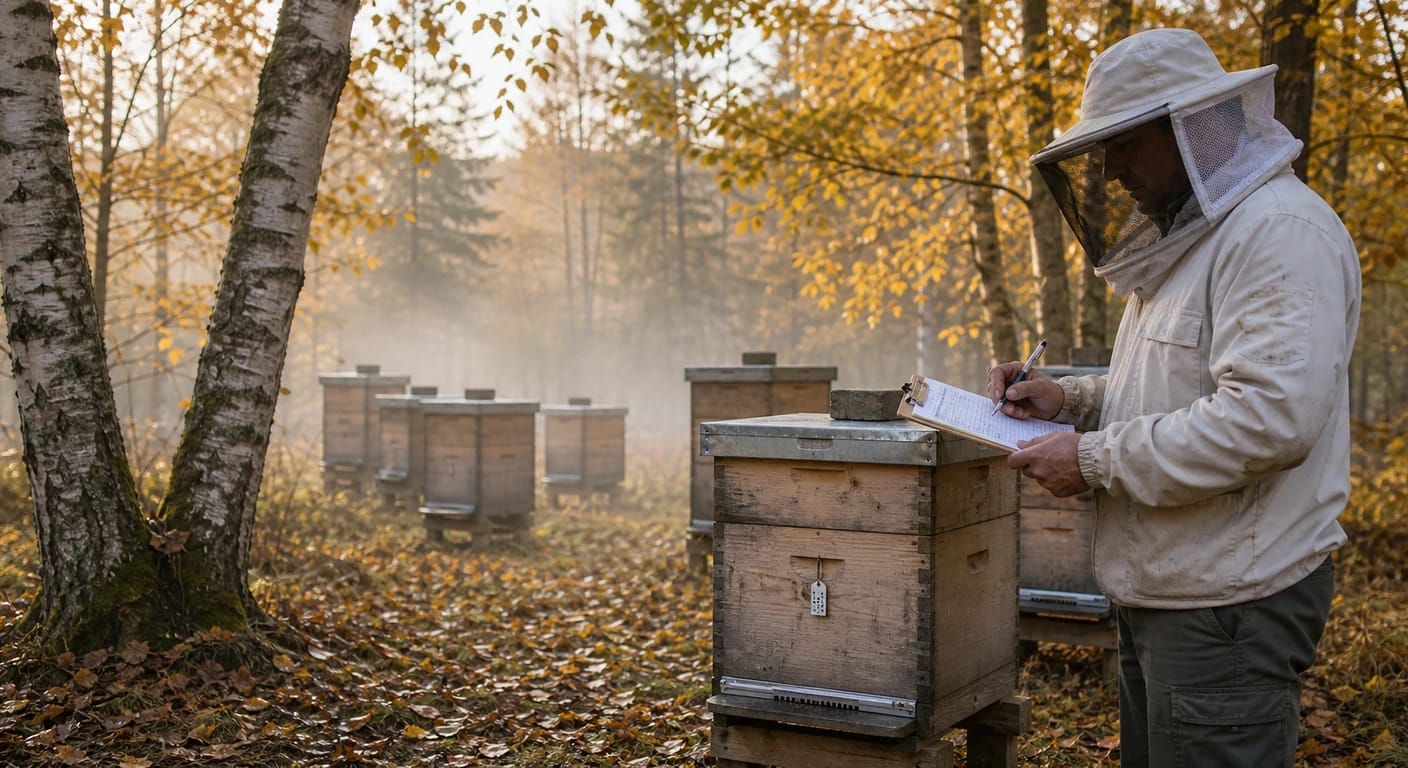 Beekeeper in white protective suit with veil writing on a clipboard beside wooden hives in an autumn birch forest.