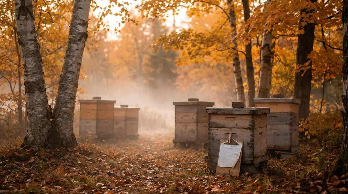 Several wooden beehives stand among birch trees in an autumn mixed forest with orange foliage and morning mist, a clipboard leaning against the front hive.