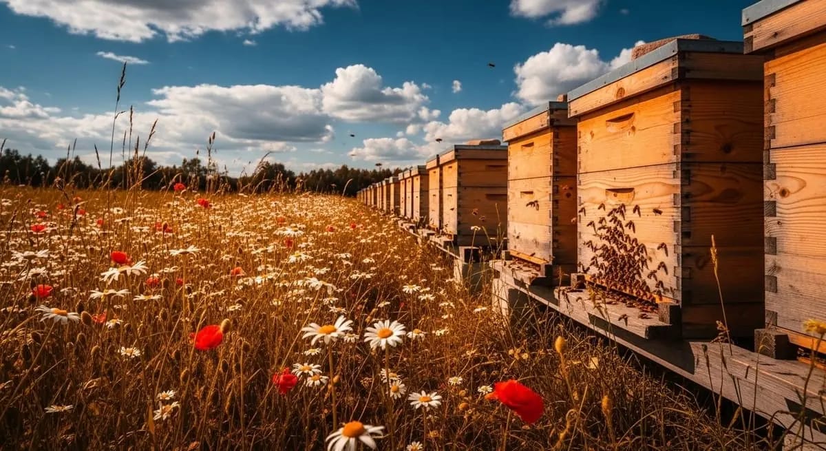 Apiary beside a blooming daisy field