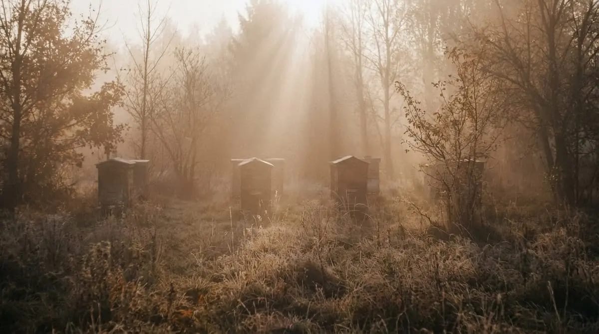 Beehives in winter morning mist