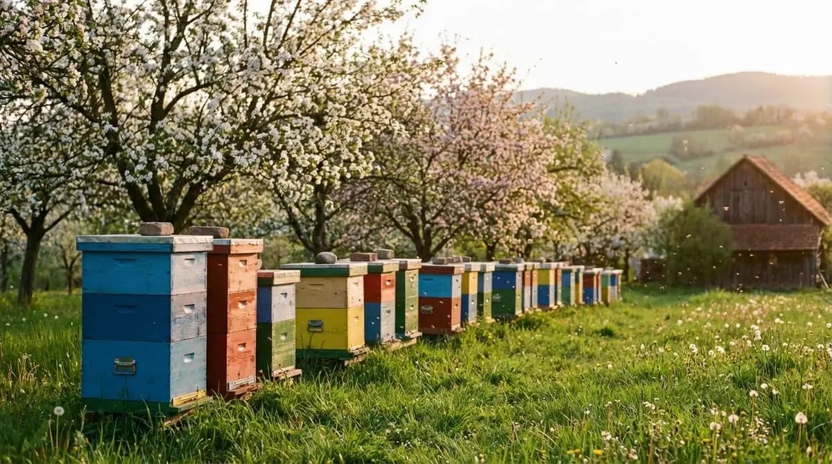 A row of colourfully painted beehives stands in spring light beneath blossoming fruit trees against green hills and a farmhouse.