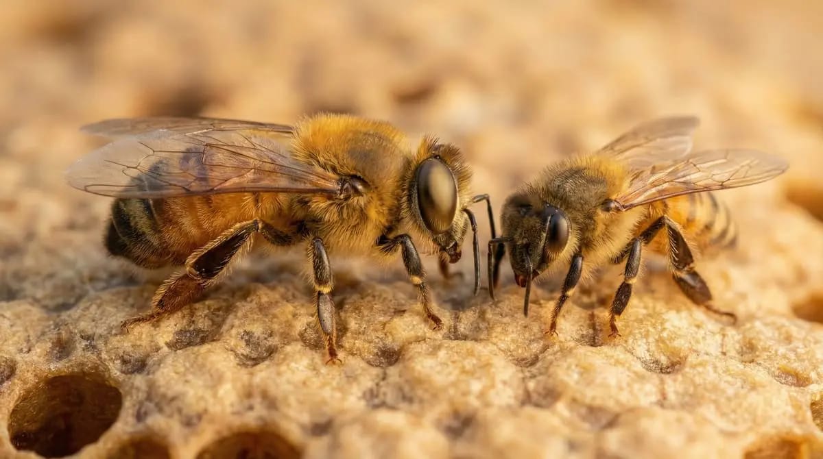 Drone and worker side by side on a comb -- the drone is noticeably larger with huge compound eyes