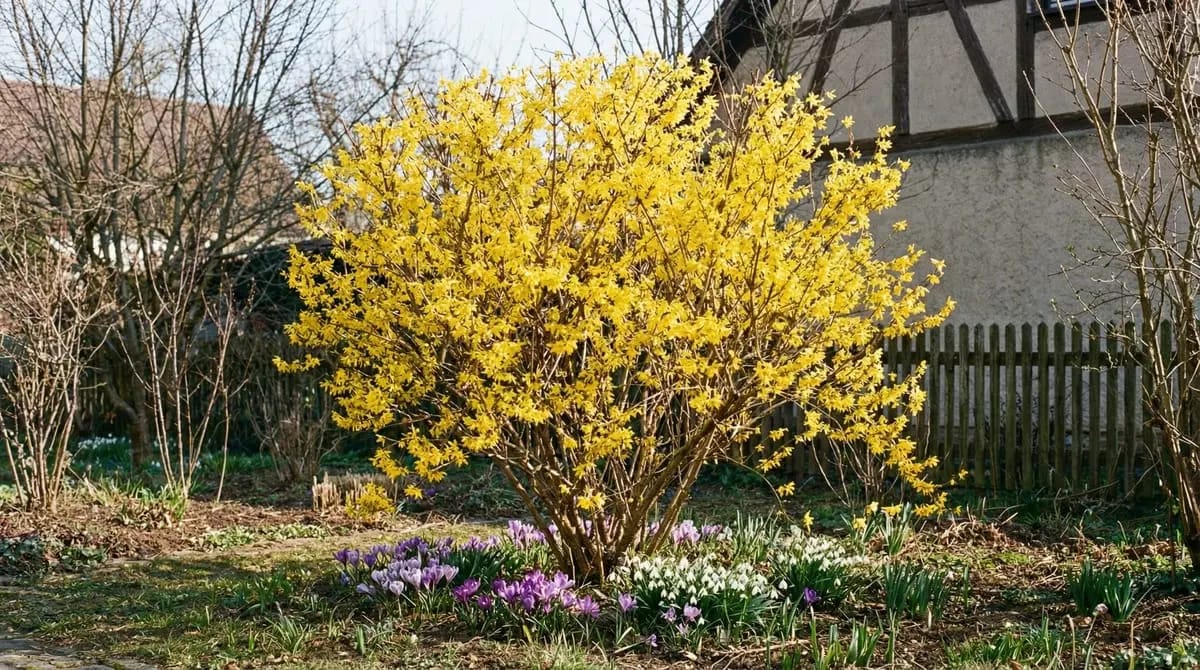 Bright yellow blooming forsythia on leafless branches -- indicator plant for early spring