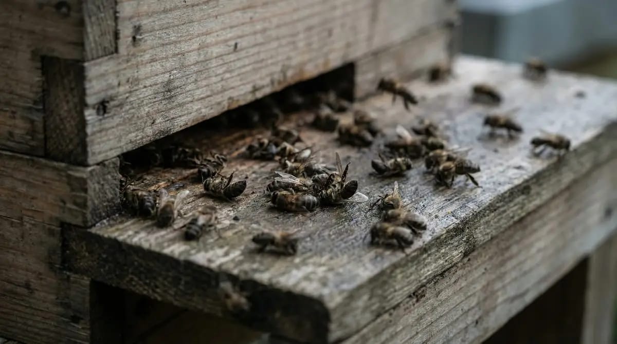 Mass die-off at the hive entrance due to poisoning