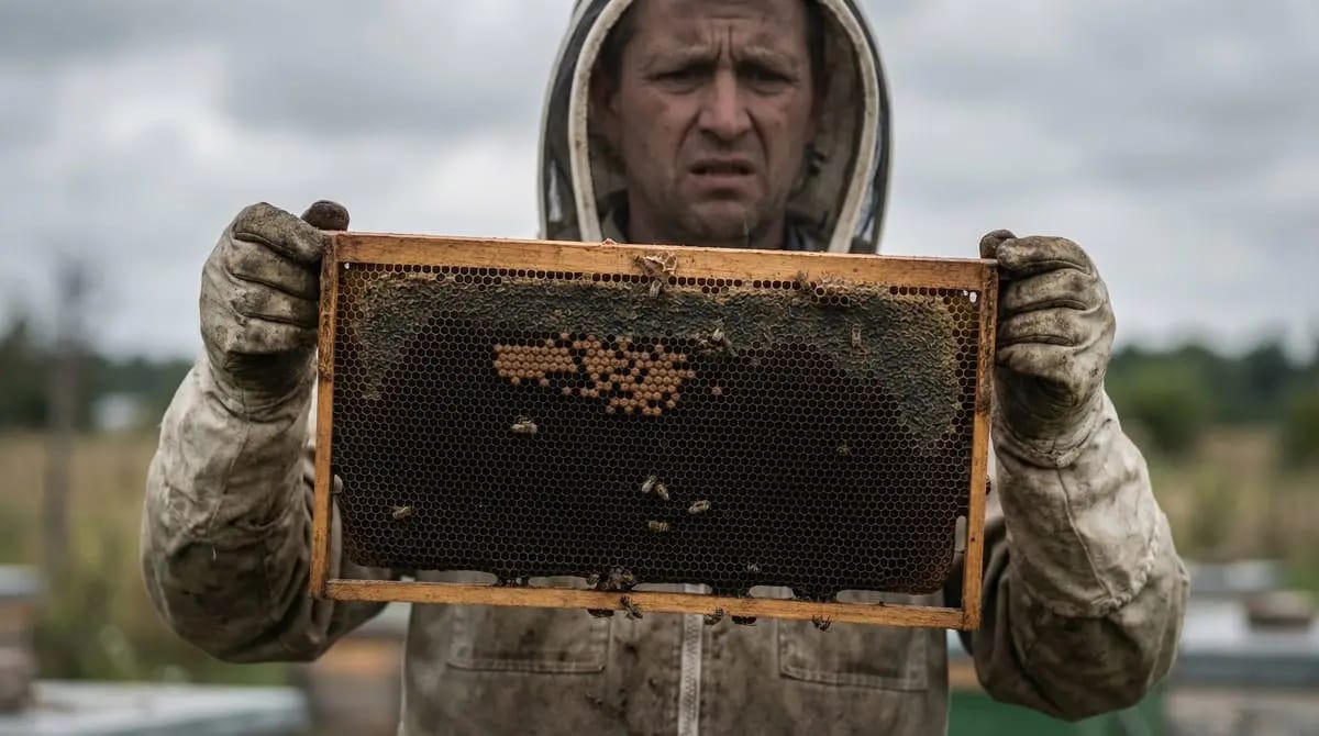 Weak bee colony with spotty brood pattern on a nearly empty comb