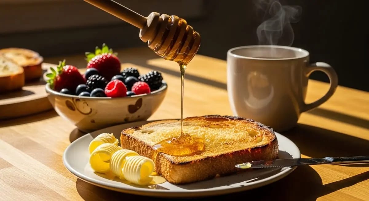 A wooden honey dipper lets golden honey drip onto a browned toast slice with two butter curls; in the background a bowl of berries (strawberries, raspberries, blueberries) and a steaming cup.