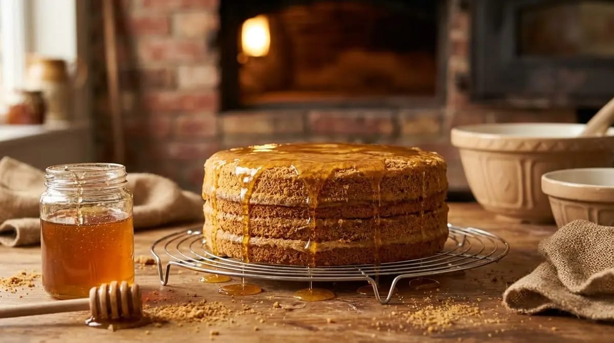 A large multi-layered honey cake with dripping glaze on a cooling rack on a wooden table, with a honey jar and fireplace in the background.