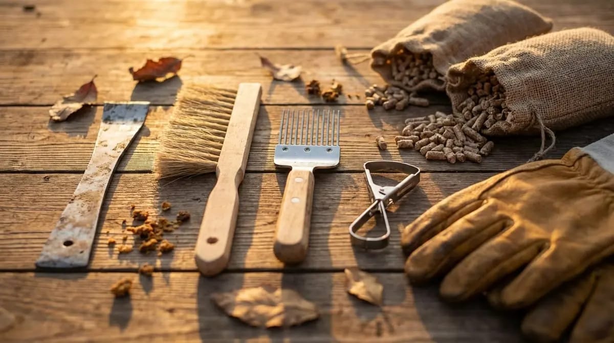 Beekeeping tools — hive tool, bee brush, uncapping fork and leather gloves — along with a jute bag of feed pellets lie in backlight on rustic wooden planks.
