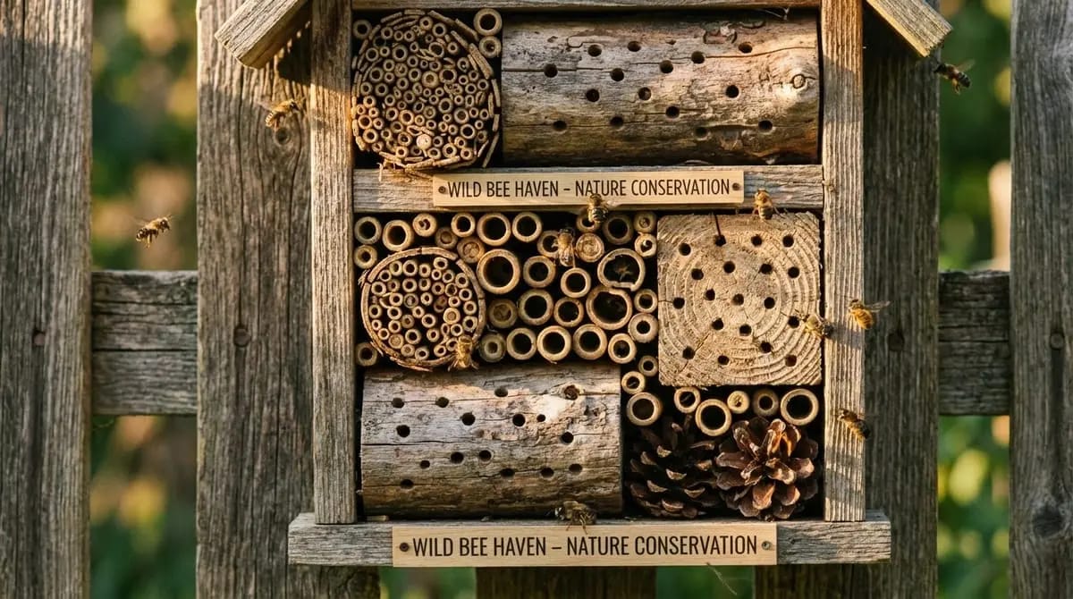 Insect hotel in garden with various nesting materials for wild bees