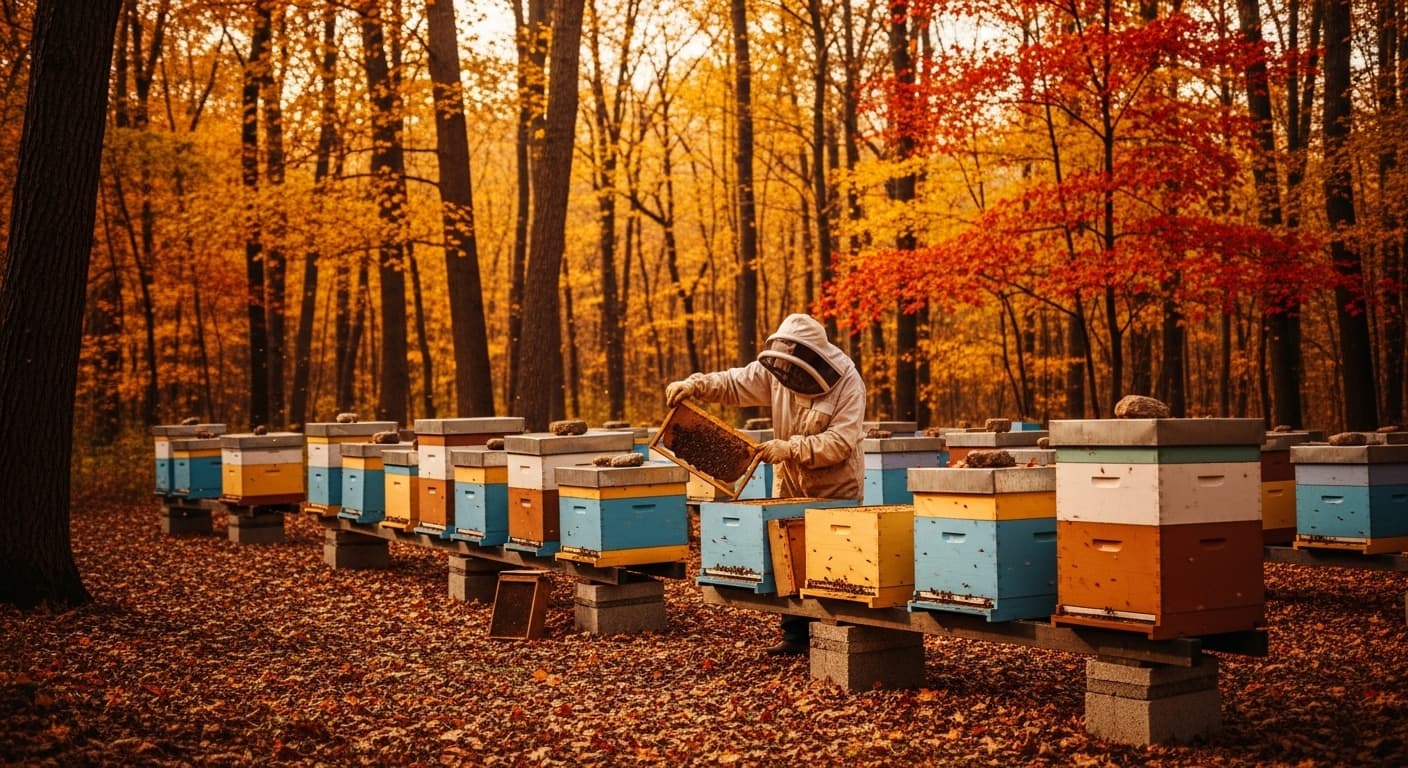 Bienenstand im goldenen Oktober mit Herbstlaub