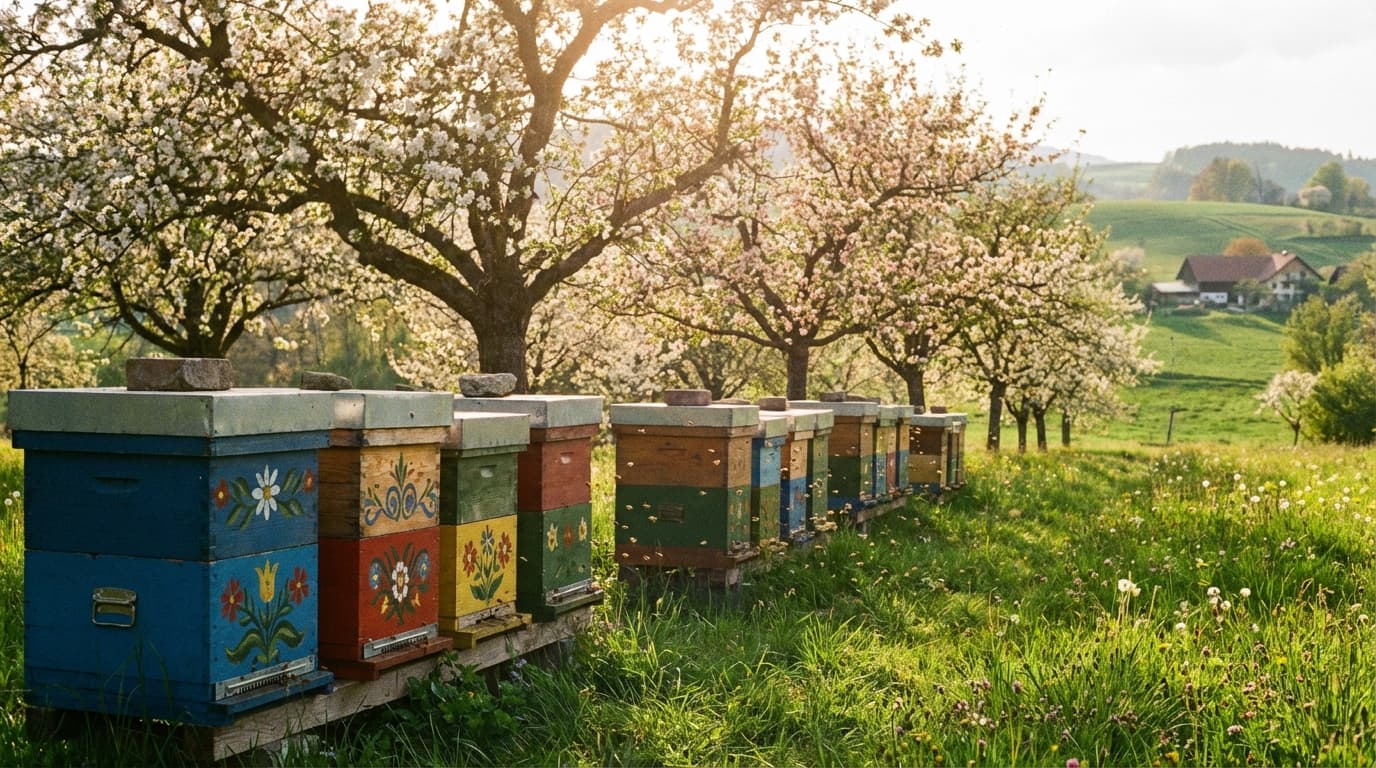 Bienenstand unter bluehenden Kirschbaeumen