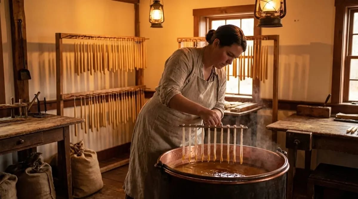 Beeswax candles in various shapes being made