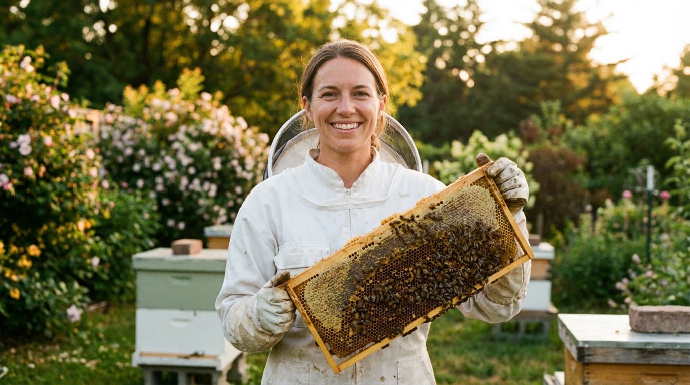 Stolze Imkerin mit Bienenvolk