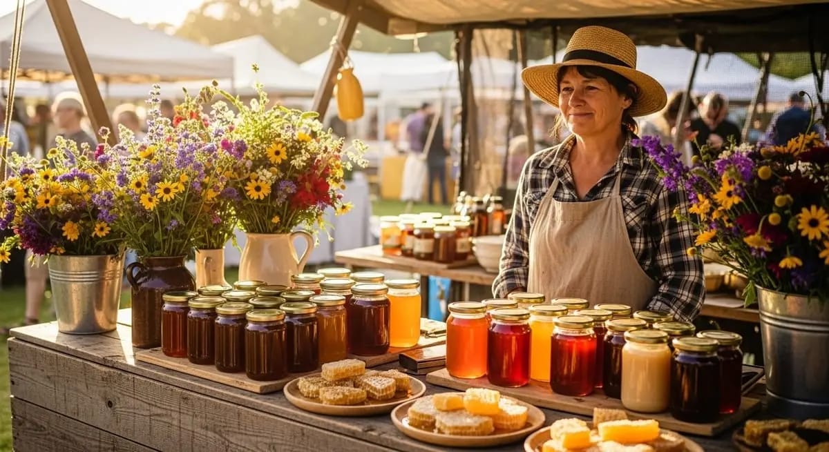 Female beekeeper at a market stall with honey